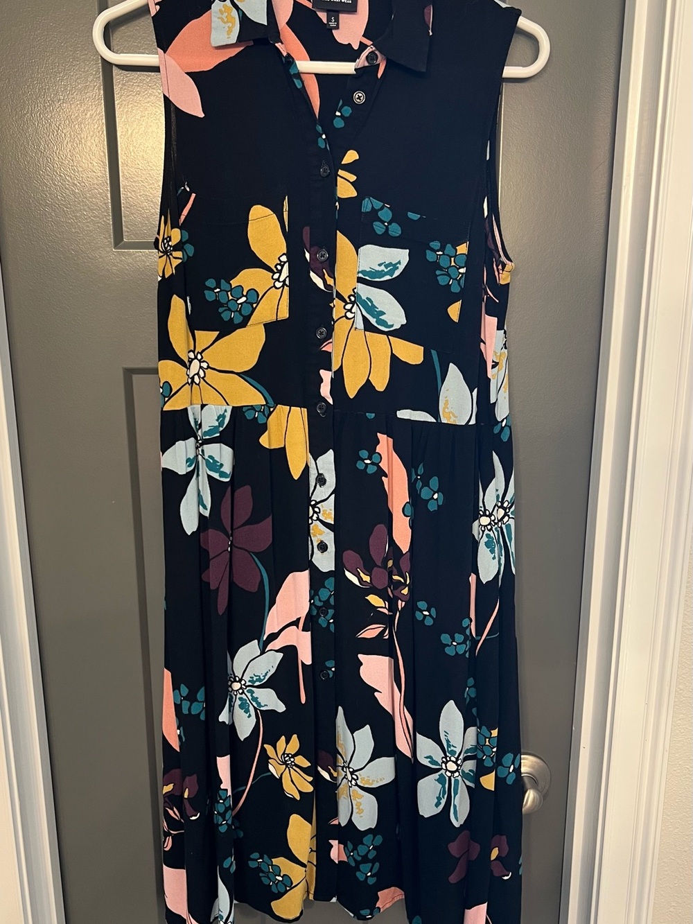 Who What Wear Black Floral Midi Dress with Yellow, Pink, Teal & White Flowers